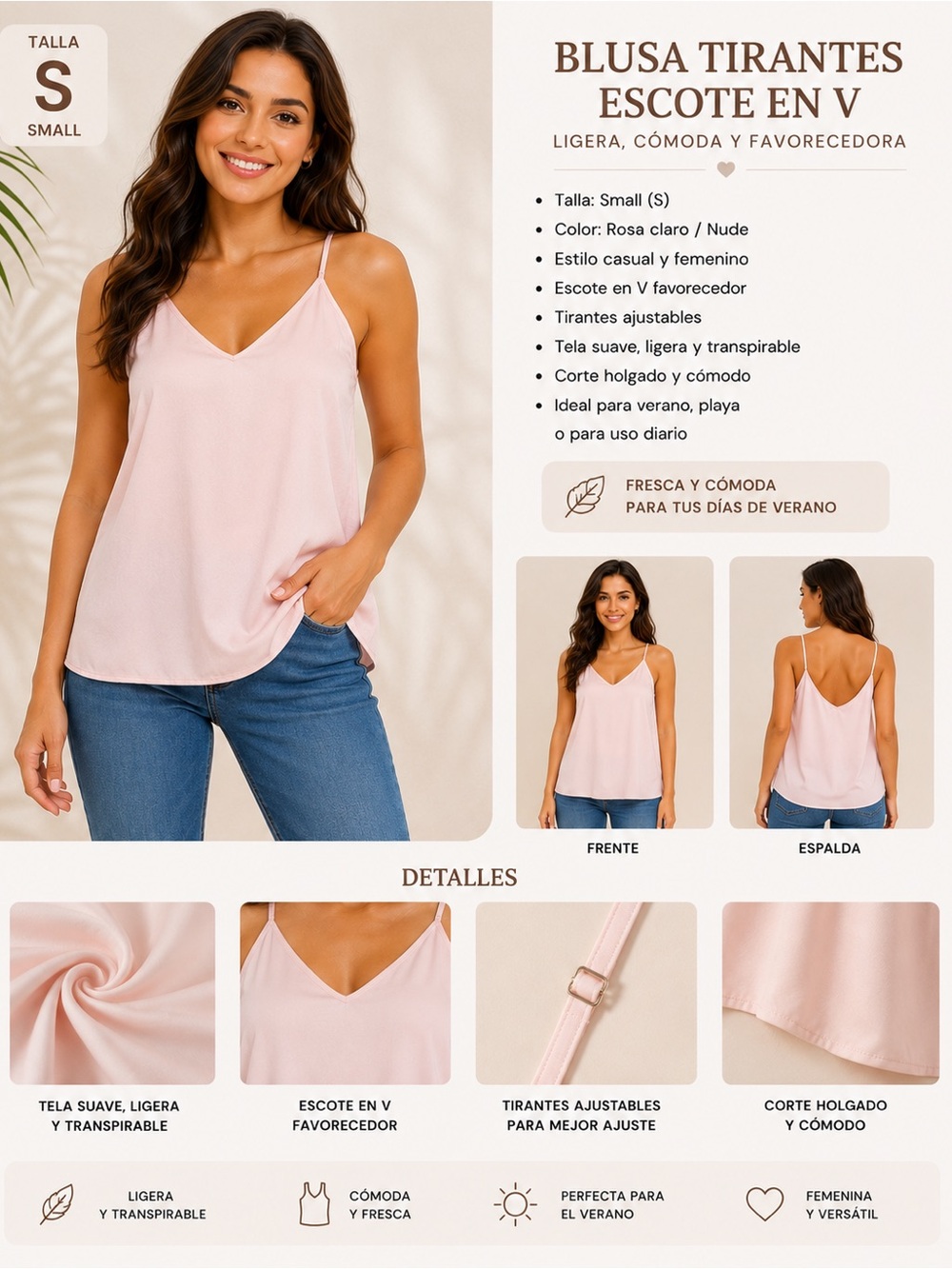 Blusa Tirantes Escote en V - Rosa Claro (Small)
